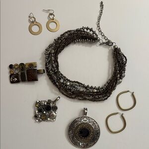 Premiere Design beaded necklace, 3 magnetic medallions, 2 pair earrings